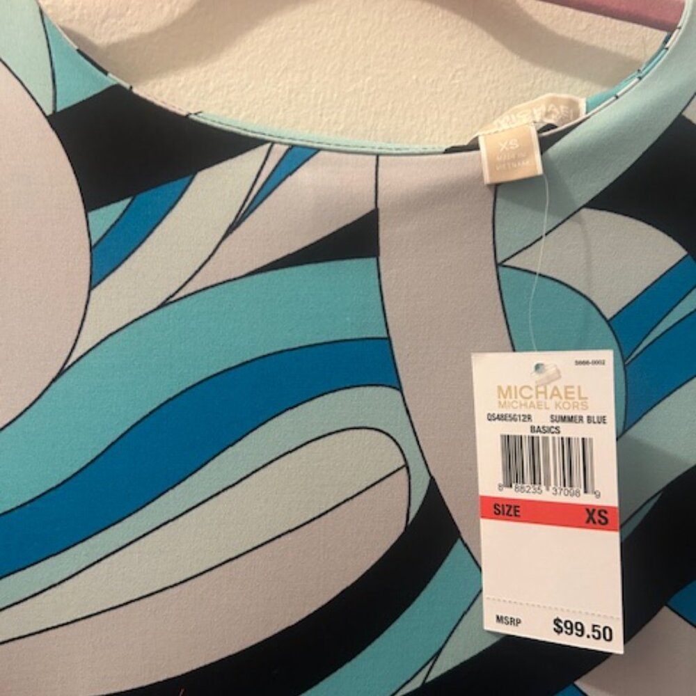 Michael Kors Abstract Geometric Retro Print Shades of Blue Stretch MiniDress NWT - Picture 3 of 16